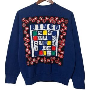 Vintage Granny’s Night Out Handmade Bingo Crewneck Sweater Blue Medium